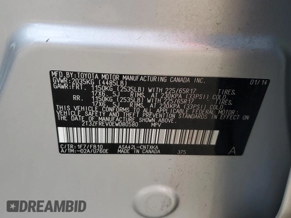 2014 Toyota RAV4 LE with VIN 2T3ZFREV0EW080580, listed as a Copart auction lot 62458665 with 298,133 mi miles and Clean title. Bid and sale history available at DreamBid. Image 13.