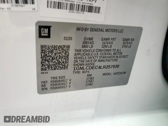 2020 Chevrolet Tahoe Commercial with VIN 1GNLCDEC4LR257930, listed as a Copart auction lot 57886125 with 58,612 mi miles and Salvage title. Bid and sale history available at DreamBid. Image 14.