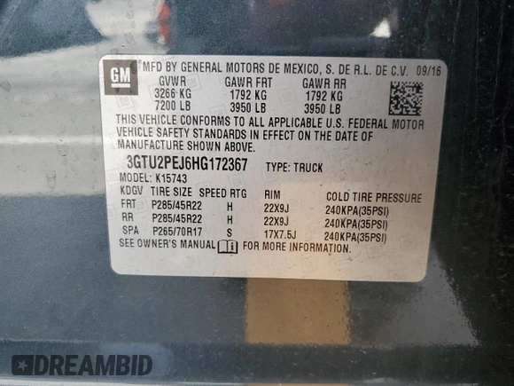2017 GMC Sierra 1500 Denali with VIN 3GTU2PEJ6HG172367, listed as a Copart auction lot 53167045 with 134,015 mi miles and Salvage Title. Bid and sale history available at DreamBid. Image 12.