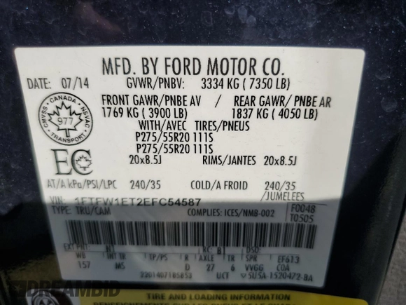2014 Ford F-150 XL with VIN 1FTFW1ET2EFC54587, listed as a Copart auction lot 64996265 with 96,712 mi miles and Salvage title. Bid and sale history available at DreamBid. Image 12.