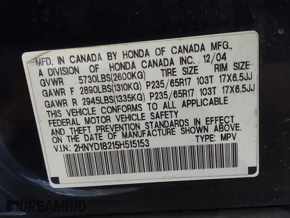 2005 Acura MDX with VIN 2HNYD18215H515153, listed as a IAAI auction lot 41538437 with 175,782 mi miles. Bid and sale history available at carsss.com. Image 9.