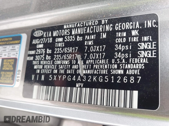 2019 Kia Sorento L with VIN 5XYPG4A32KG512687, listed as a IAAI auction lot 41857401 with 108,483 mi miles. Bid and sale history available at carsss.com. Image 9.