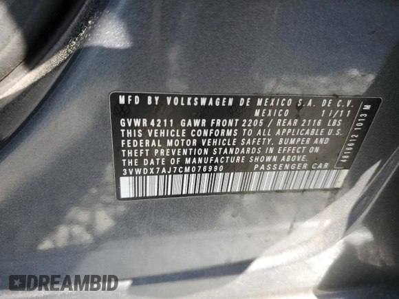 2012 Volkswagen Jetta SE с VIN 3VWDX7AJ7CM076990, выставлен на аукционе Copart как лот 49857325 с пробегом 112 817 миль миль и Чистый • Clean title. История ставок и продаж доступна на DreamBid. Изображение 12.