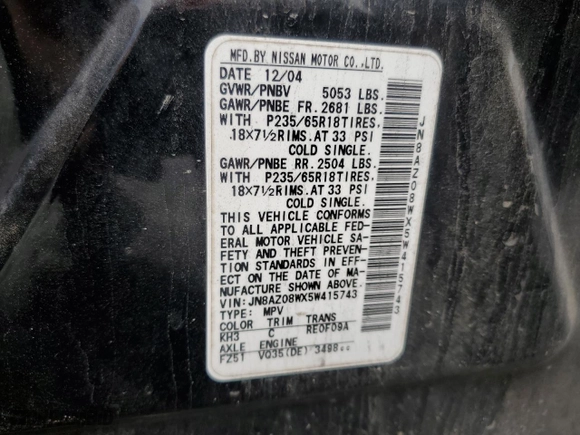 2005 Nissan Murano SE with VIN JN8AZ08WX5W415743, listed as a Copart auction lot 61171934 with 157,175 mi miles and Salvage Title. Bid and sale history available at carsss.com. Image 14.