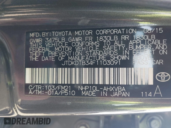 2015 Toyota Prius One with VIN JTDKDTB34F1103091, listed as a IAAI auction lot 41716979 with 67,473 mi miles and . Bid and sale history available at DreamBid. Image 9.