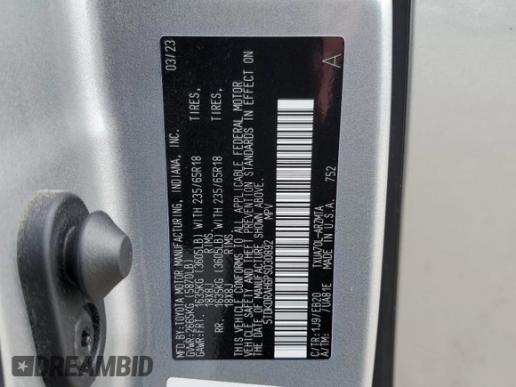 2023 Toyota Highlander L with VIN 5TDKDRAH6PS030892, listed as a Copart auction lot 56063635 with 74,766 mi miles and Salvage title. Bid and sale history available at DreamBid. Image 13.