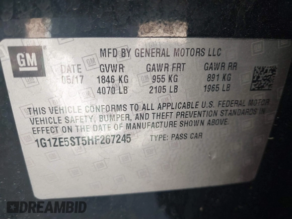 2017 Chevrolet Malibu LT with VIN 1G1ZE5ST5HF267245, listed as a IAAI auction lot 41843718 with 177,133 mi miles and . Bid and sale history available at carsss.com. Image 9.