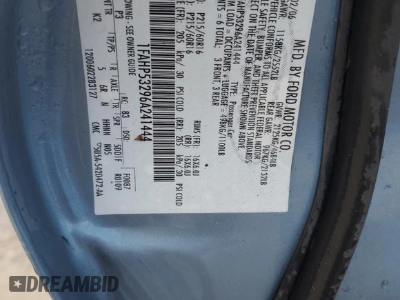2006 Ford Taurus SE with VIN 1FAHP53296A241444, listed as a Copart auction lot 58343615 with 125,385 mi miles and Salvage title. Bid and sale history available at DreamBid. Image 12.
