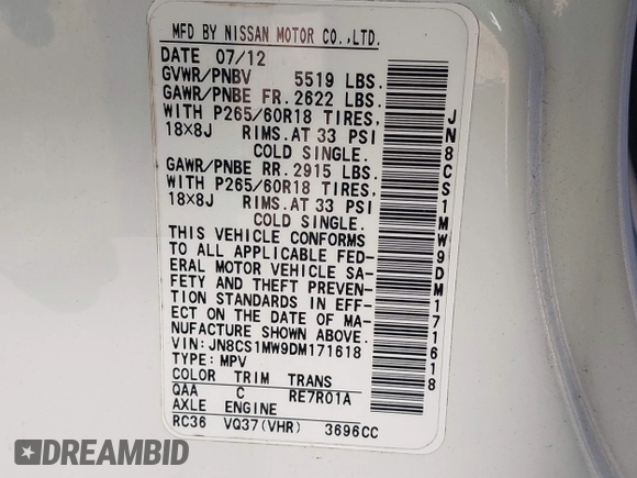 2013 Infiniti FX with VIN JN8CS1MW9DM171618, listed as a IAAI auction lot 41847098 with 235,901 mi miles and . Bid and sale history available at DreamBid. Image 9.