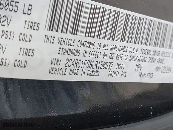 2020 Chrysler Pacifica Touring with VIN 2C4RC1FG8LR150537, listed as a IAAI auction lot 41704931 with 141,124 mi miles. Bid and sale history available at carsss.com. Image 9.