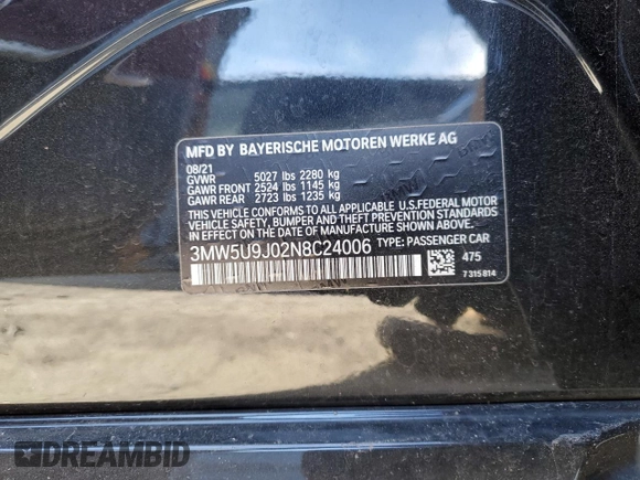 2022 BMW 3 Series M340i xDrive with VIN 3MW5U9J02N8C24006, listed as a Copart auction lot 87841145 with 0 mi miles and Salvage Title. Bid and sale history available at carsss.com. Image 12.