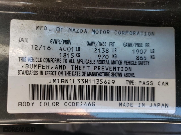 2017 Mazda Mazda3 5-Door Touring 2.5 with VIN JM1BN1L33H1135629, listed as a Copart auction lot 45057325 with NaN miles and Salvage Title. Bid and sale history available at carsss.com. Image 12.