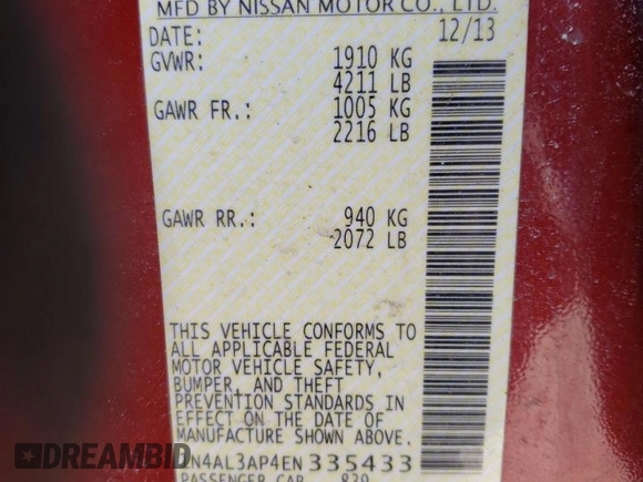 2014 Nissan Altima SL with VIN 1N4AL3AP4EN335433, listed as a Copart auction lot 47321005 with 81,740 mi miles and Clean Title. Bid and sale history available at DreamBid. Image 12.