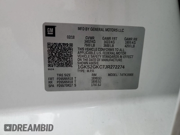 2018 GMC Yukon XL SLT with VIN 1GKS2GKC7JR272274, listed as a Copart auction lot 48049525 with 152,759 mi miles and Salvage Title. Bid and sale history available at carsss.com. Image 16.