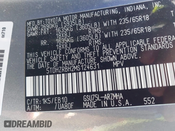 2021 Toyota Highlander XLE with VIN 5TDHZRBH2MS124631, listed as a IAAI auction lot 42660410 with 84,306 mi miles and . Bid and sale history available at DreamBid. Image 9.