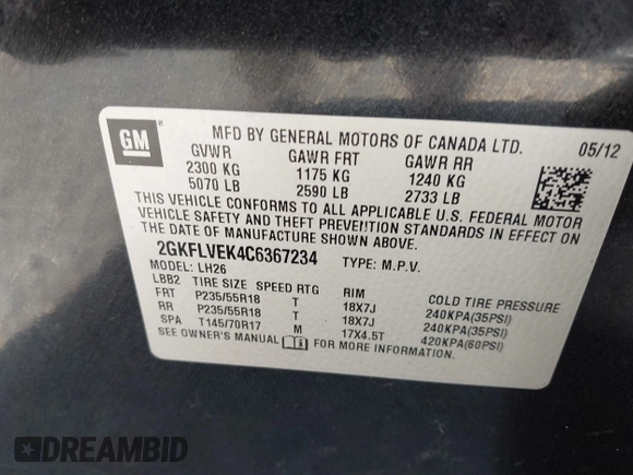 2012 GMC Terrain SLT-1 with VIN 2GKFLVEK4C6367234, listed as a IAAI auction lot 42746630 with 167,577 mi miles and . Bid and sale history available at DreamBid. Image 9.