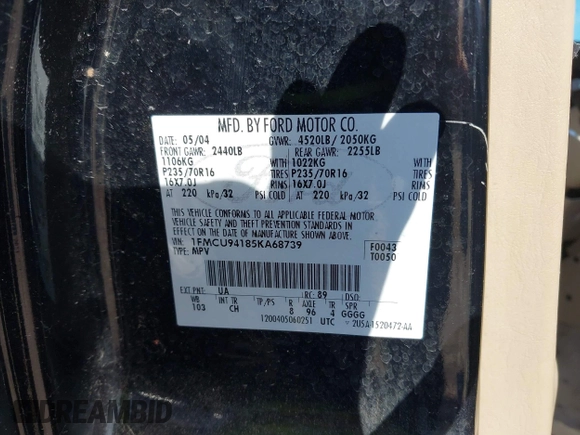 2005 Ford Escape Limited with VIN 1FMCU94185KA68739, listed as a IAAI auction lot 42752148 with 153,383 mi miles and . Bid and sale history available at DreamBid. Image 9.