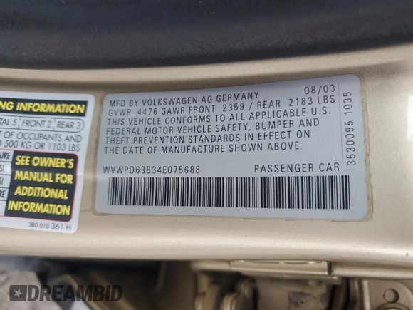 2004 Volkswagen Passat GLS z VIN WVWPD63B34E075688, wystawiony jako Copart lot #56297475 z przebiegiem 135 684 mil mil oraz Szkoda całkowita • Salvage title. Historia ofert i sprzedaży dostępna na DreamBid. Obrazek 12.