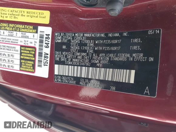 2014 Toyota Sienna LE AAS with VIN 5TDKK3DC6ES487962, listed as a IAAI auction lot 41568458 with 164,043 mi miles. Bid and sale history available at carsss.com. Image 9.