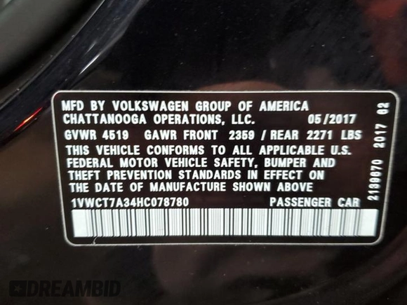 2017 Volkswagen Passat SEL Premium z VIN 1VWCT7A34HC078780, wystawiony jako Copart lot #49827235 z przebiegiem 94 618 mil mil oraz Szkoda całkowita • Salvage title. Historia ofert i sprzedaży dostępna na DreamBid. Obrazek 13.