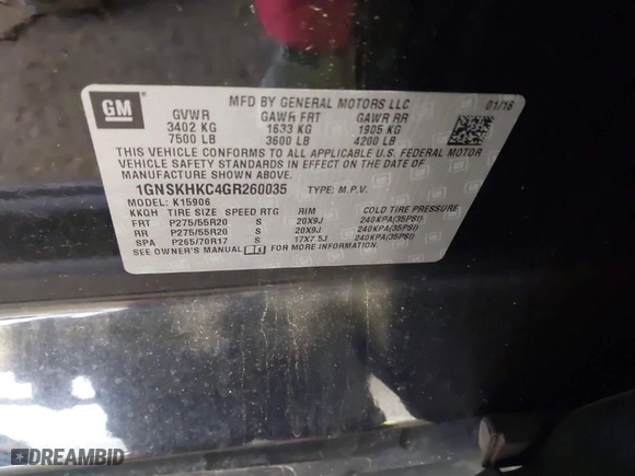 2016 Chevrolet Suburban LT with VIN 1GNSKHKC4GR260035, listed as a IAAI auction lot 41506969 with 395,173 mi miles. Bid and sale history available at carsss.com. Image 9.