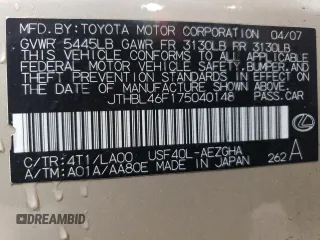 2007 Lexus LS 460 with VIN JTHBL46F175040148, listed as a Copart auction lot 50335035 with 181,107 mi miles and Salvage Title. Bid and sale history available at DreamBid. Image 14.