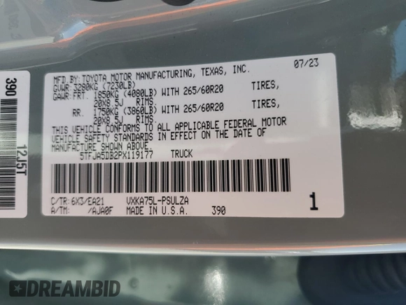2023 Toyota Tundra Limited with VIN 5TFJA5DB2PX119177, listed as a Copart auction lot 62610775 with Not provided miles and Salvage title. Bid and sale history available at DreamBid. Image 12.