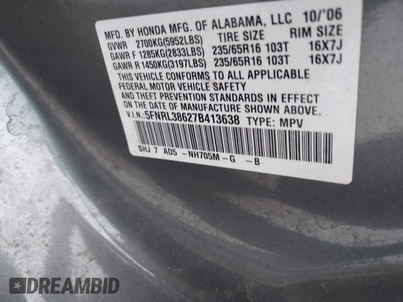 2007 Honda Odyssey EX-L with VIN 5FNRL38627B413638, listed as a IAAI auction lot 41960963 with 172,968 mi miles and . Bid and sale history available at DreamBid. Image 9.