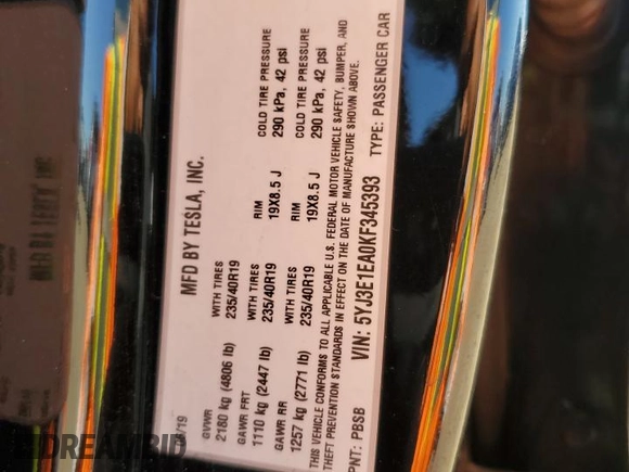2019 Tesla Model 3 Mid Range with VIN 5YJ3E1EA0KF345393, listed as a Copart auction lot 51508305 with 38,903 mi miles and Salvage Title. Bid and sale history available at DreamBid. Image 14.