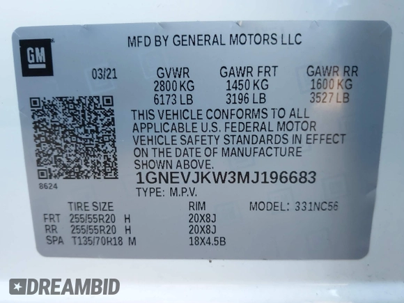2021 Chevrolet Traverse RS with VIN 1GNEVJKW3MJ196683, listed as a IAAI auction lot 41822299 with 48,351 mi miles. Bid and sale history available at carsss.com. Image 9.