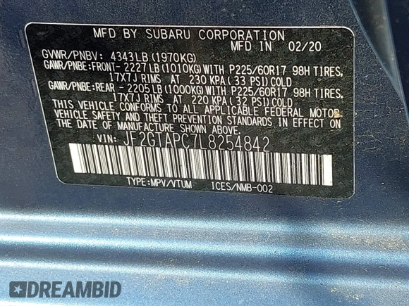 2020 Subaru Crosstrek Premium with VIN JF2GTAPC7L8254842, listed as a IAAI auction lot 42363999 with 77,741 mi miles and . Bid and sale history available at DreamBid. Image 9.