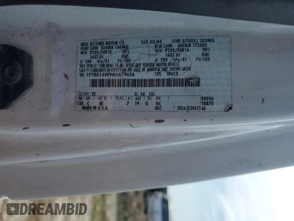 2004 Ford Econoline Cargo with VIN 1FTRE14W94HA79656, listed as a Copart auction lot 75132854 with 202,889 mi miles and Salvage Title. Bid and sale history available at carsss.com. Image 14.