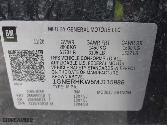 2021 Chevrolet Traverse LT Leather with VIN 1GNERHKW5MJ115986, listed as a IAAI auction lot 41420730 with 122,518 mi miles. Bid and sale history available at carsss.com. Image 9.