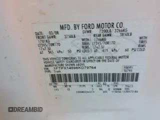 2008 Ford F-150 XLT с VIN 1FTPX14598KD79764, выставлен на аукционе Copart как лот 57108615 с пробегом 78 759 миль миль и Списание • Salvage title. История ставок и продаж доступна на DreamBid. Изображение 12.