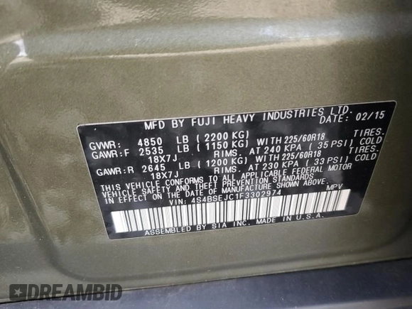 2015 Subaru Outback Limited z VIN 4S4BSEJC1F3302974, wystawiony jako Copart lot #60364755 z przebiegiem 147 761 mil mil oraz Szkoda całkowita • Salvage title. Historia ofert i sprzedaży dostępna na DreamBid. Obrazek 12.