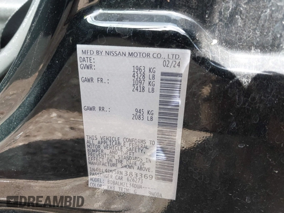 2024 Nissan Altima SV с VIN 1N4BL4DV5RN383369, выставлен на аукционе IAAI как лот 42527971 с пробегом Не указан миль и . История ставок и продаж доступна на DreamBid. Изображение 9.