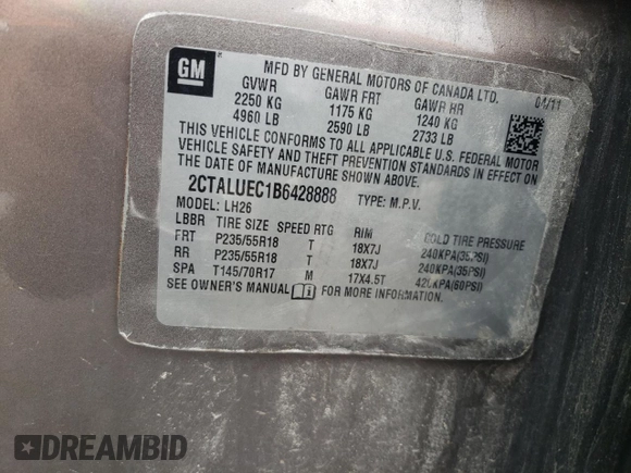 2011 GMC Terrain SLT-1 with VIN 2CTALUEC1B6428888, listed as a Copart auction lot 63387605 with 180,400 mi miles and Salvage title. Bid and sale history available at DreamBid. Image 13.