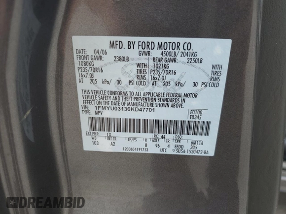 2006 Ford Escape XLT with VIN 1FMYU03136KD47701, listed as a Copart auction lot 58008695 with 176,341 mi miles and Salvage title. Bid and sale history available at DreamBid. Image 13.