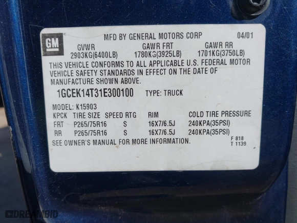 2001 Chevrolet Silverado 1500 with VIN 1GCEK14T31E300100, listed as a IAAI auction lot 41977664 with 193,742 mi miles. Bid and sale history available at carsss.com. Image 9.