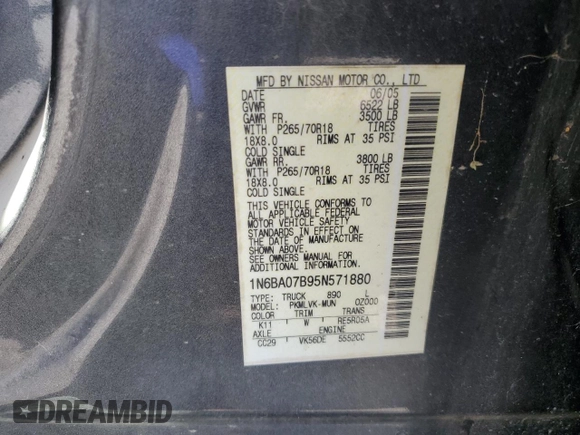 2005 Nissan Titan LE with VIN 1N6BA07B95N571880, listed as a Copart auction lot 57527435 with 199,577 mi miles and Salvage title. Bid and sale history available at DreamBid. Image 12.