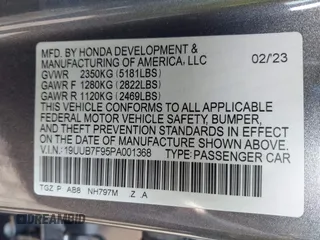 2023 Acura TLX Type S with VIN 19UUB7F95PA001368, listed as a IAAI auction lot 42119669 with 5,889 mi miles and . Bid and sale history available at DreamBid. Image 9.