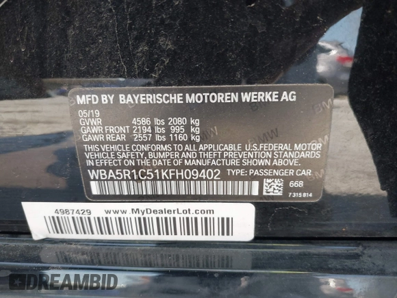 2019 BMW 3 Series 330i with VIN WBA5R1C51KFH09402, listed as a IAAI auction lot 41869138 with 59,115 mi miles and . Bid and sale history available at DreamBid. Image 9.