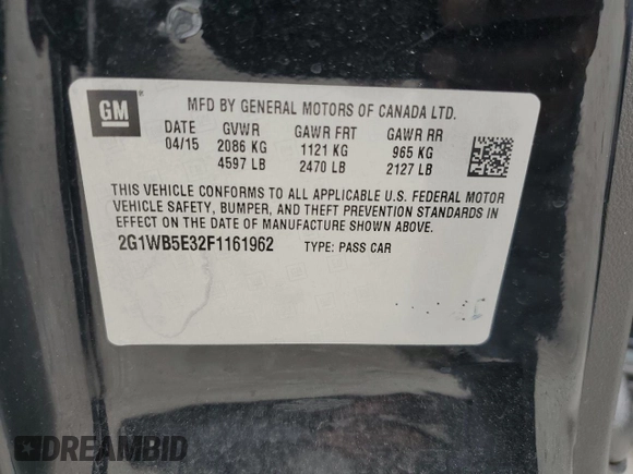 2015 Chevrolet Impala LT with VIN 2G1WB5E32F1161962, listed as a Copart auction lot 51287135 with 51,824 mi miles and Salvage title. Bid and sale history available at DreamBid. Image 12.
