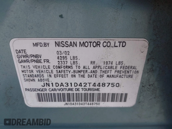2002 Nissan Maxima GXE с VIN JN1DA31D42T448750, выставлен на аукционе IAAI как лот 42079391 с пробегом 151 847 миль миль и . История ставок и продаж доступна на DreamBid. Изображение 9.