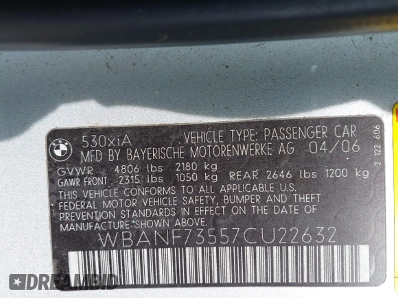 2007 BMW 5 Series 530xi with VIN WBANF73557CU22632, listed as a IAAI auction lot 42146692 with 136,547 mi miles and . Bid and sale history available at carsss.com. Image 9.