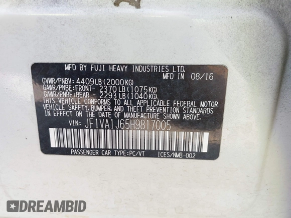 2017 Subaru WRX Limited с VIN JF1VA1J65H9817005, выставлен на аукционе IAAI как лот 42473992 с пробегом 73 317 миль миль и . История ставок и продаж доступна на DreamBid. Изображение 9.