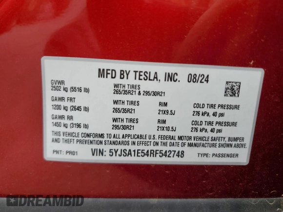 2024 Tesla Model S with VIN 5YJSA1E54RF542748, listed as a Copart auction lot 55210615 with Not provided miles and Salvage title. Bid and sale history available at DreamBid. Image 12.