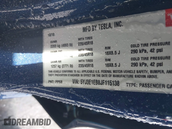 2018 Tesla Model 3 Long Range Battery with VIN 5YJ3E1EB8JF115138, listed as a IAAI auction lot 41343399 with 62,351 mi miles and . Bid and sale history available at DreamBid. Image 9.
