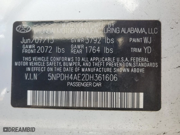 2013 Hyundai Elantra GLS with VIN 5NPDH4AE2DH361606, listed as a Copart auction lot 49897735 with 136,262 mi miles and Salvage Title. Bid and sale history available at carsss.com. Image 12.