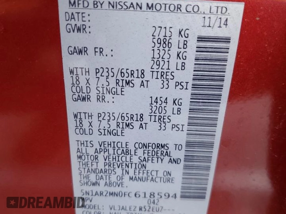 2015 Nissan Pathfinder SL with VIN 5N1AR2MN0FC618594, listed as a Copart auction lot 52500135 with 140,200 mi miles and Clean title. Bid and sale history available at DreamBid. Image 13.